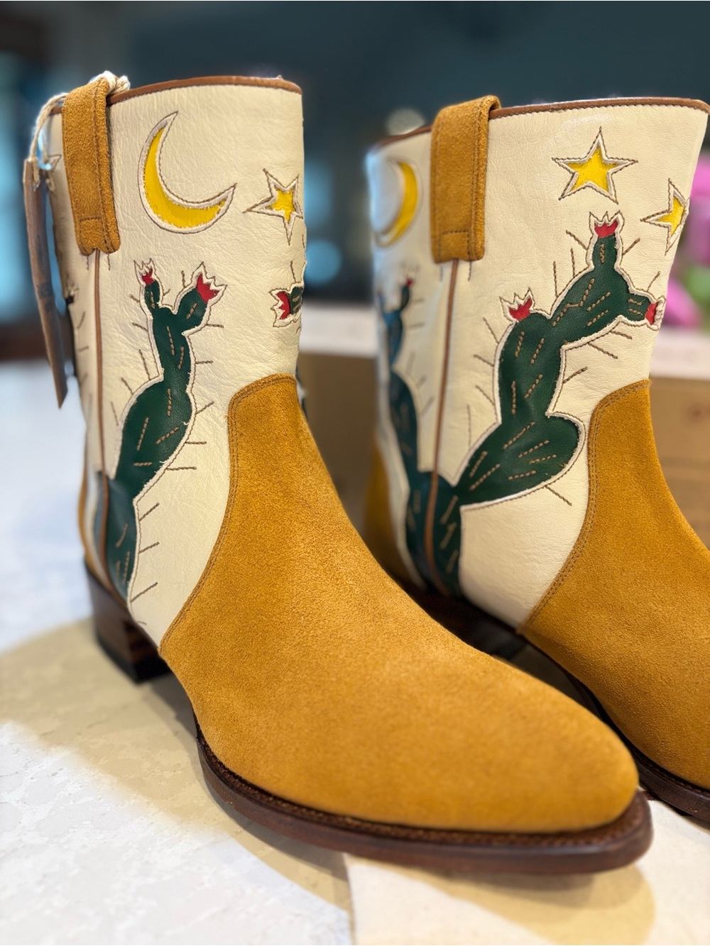 Ranch Road Archer Cactus White Tan Suede Western Cowgirl Cowboy Ankle Boots - Picture 10 of 16